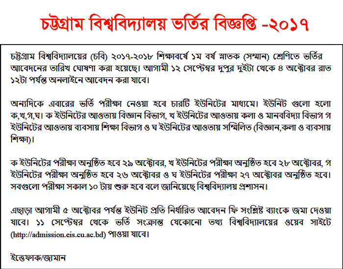 Chittagong University Admission Test Circular 2017