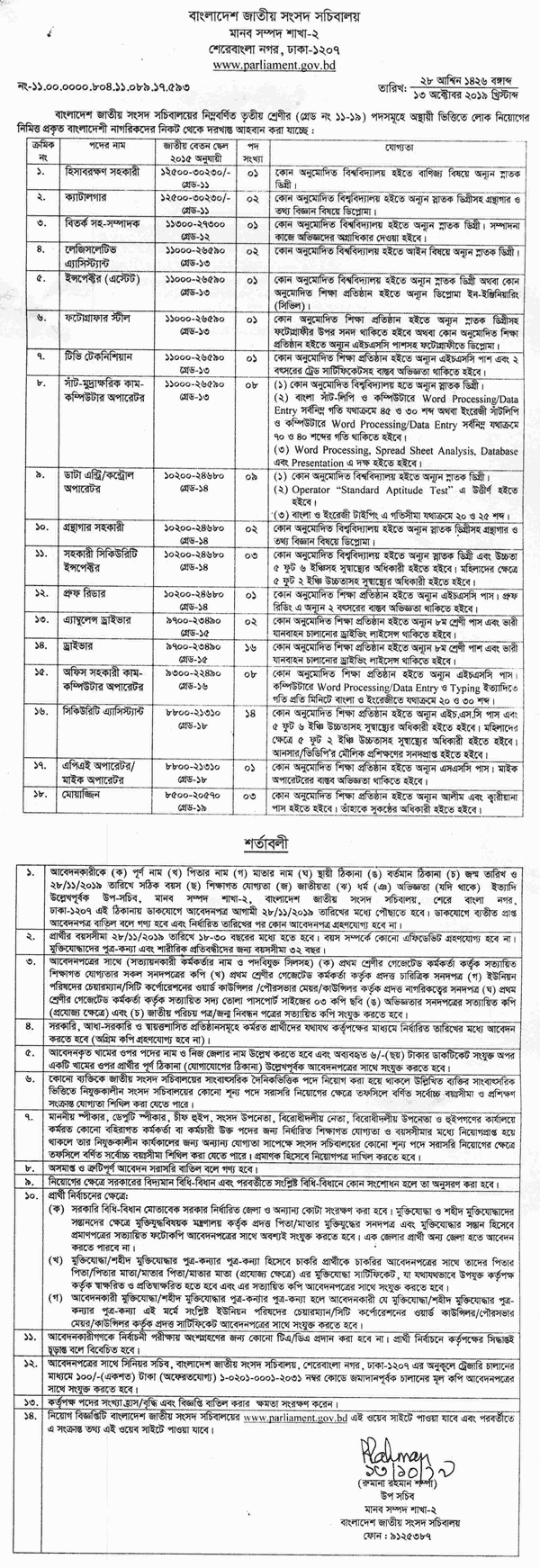 Bangladesh Parliament Job News October 2019