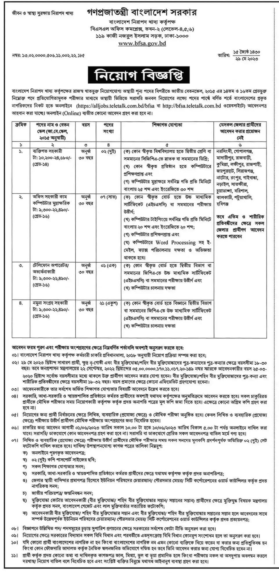 BFSA- Bangladesh Food Safety Authority Job Circular June 2023